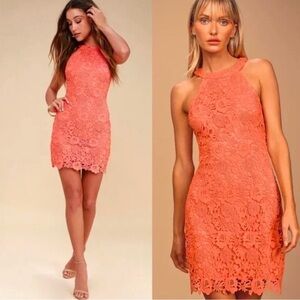 Lulus NWT Coral Orange Love Poem Floral Lace Crochet Mini Dress Size Small